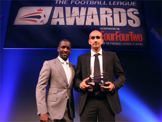 Zesh Rehman (right) recieves his PFA Player in the Community Award