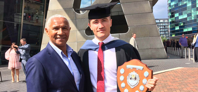 PFA Assistant Director of Education Oshor Williams congratulates Joe McGee