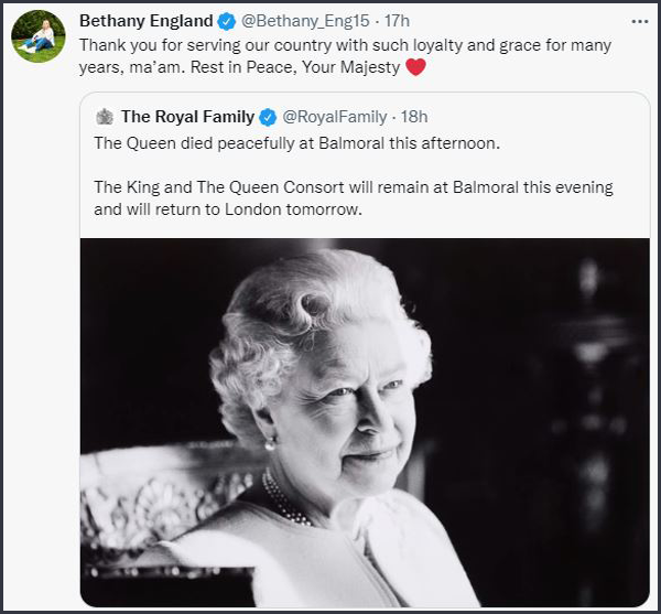 Beth England  Tweet - Queen Elizabeth II