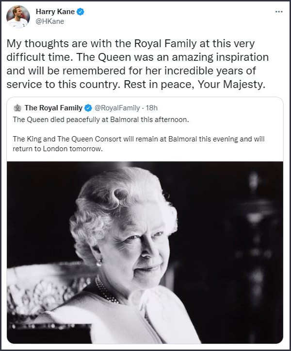 Harry Kane Tweet - Queen Elizabeth II