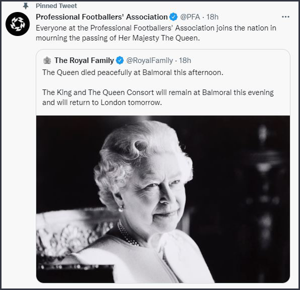 PFA Tweet - Queen Elizabeth II