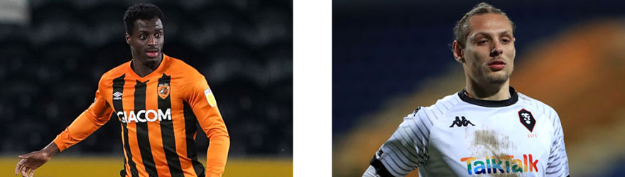 Hull City's Joshua Emmanuel and Salford City's Oscar Threlkeld