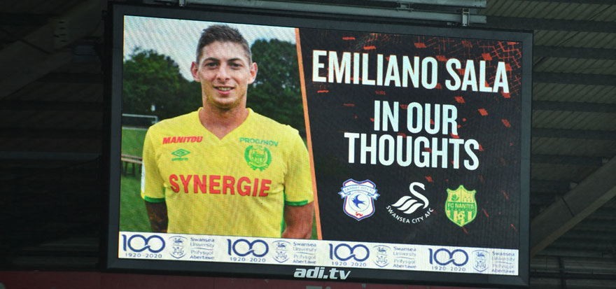 A tribute to Cardiff City striker Emiliano Sala is shown on the big screen during the FA Cup fourth round match at the Liberty Stadium, Swansea.