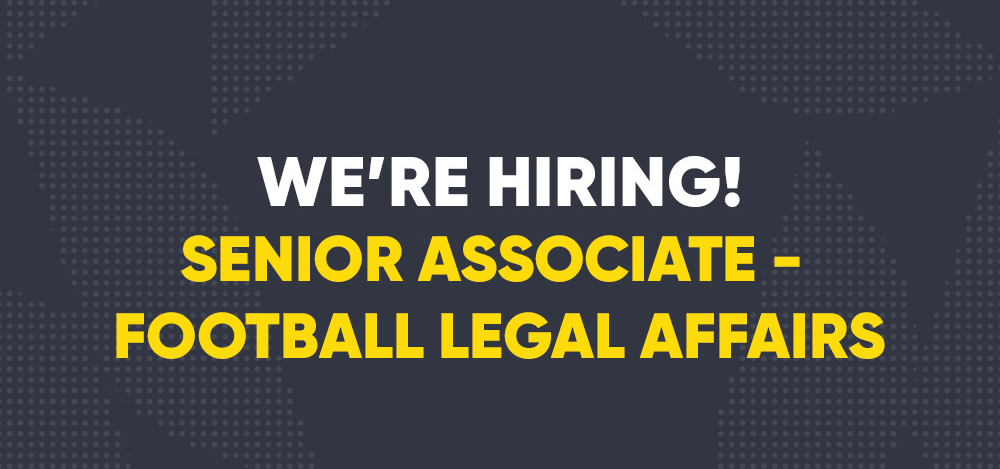 White and yellow text on a blue background with the PFA logo that reads: We're Hiring! Senior Associate - Football Legal Affairs