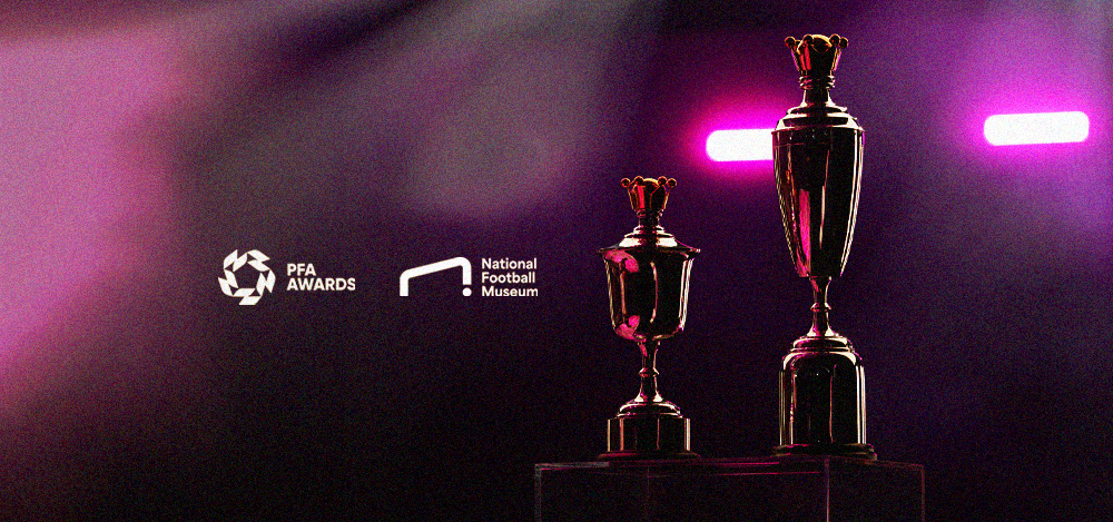 An image of the PFA Players' Player of the Year and PFA Young Player of the Year trophies sat in front of pink lighting with the National Football Museum logo and PFA logos to the left in white. 